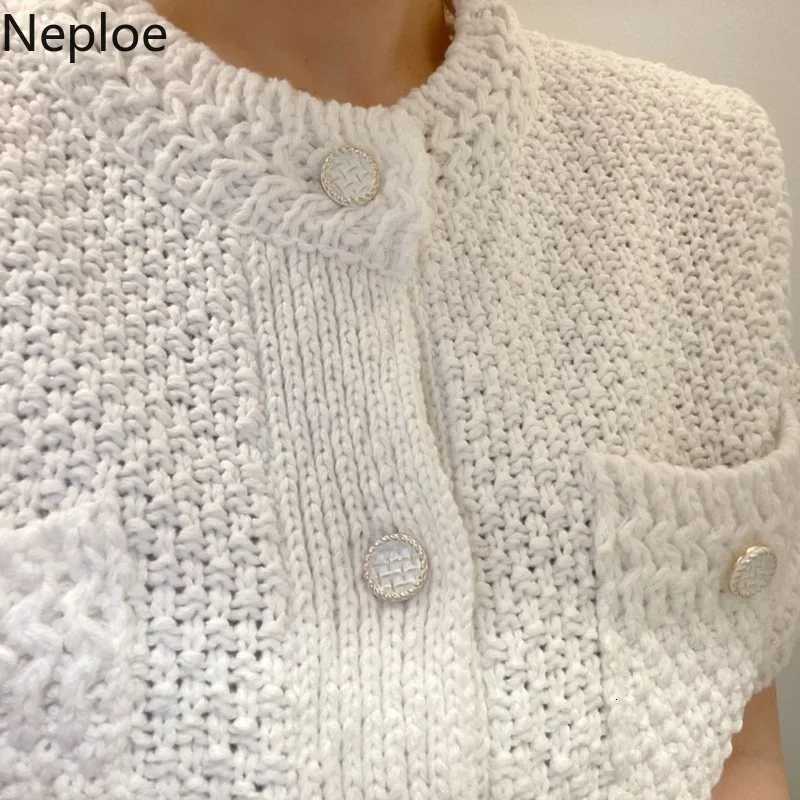 Neploe Korean Cardigan Women Clothing Short Sleeve Single Breasted Sweater O Neck Knit Black Tops 2025 Fashion White Coat Femme X250724