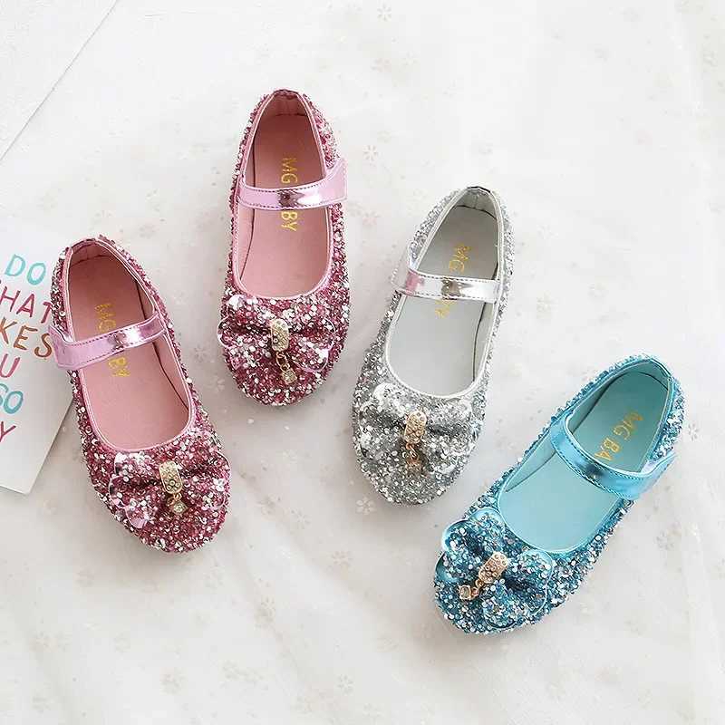Children Leather Shoes For Girls Toddlers Big Kids Dress Shoes For Weddings Par Glitter Sequined Fabric With Bow-knot Mary Jane XJ250724
