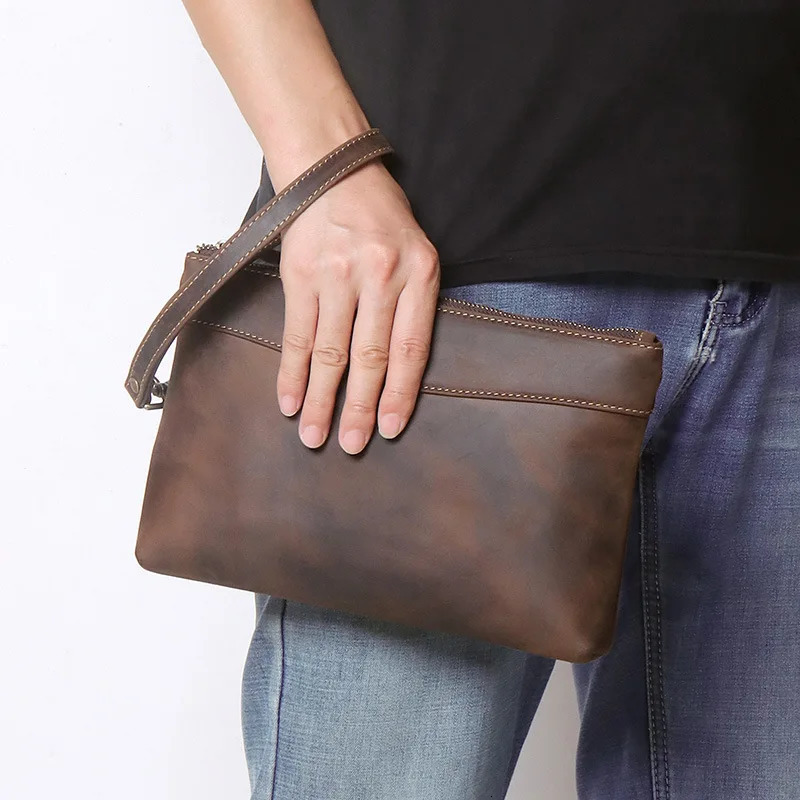Vintage Crazy Horse Leather Mens Clutch with Large Capacity 250723