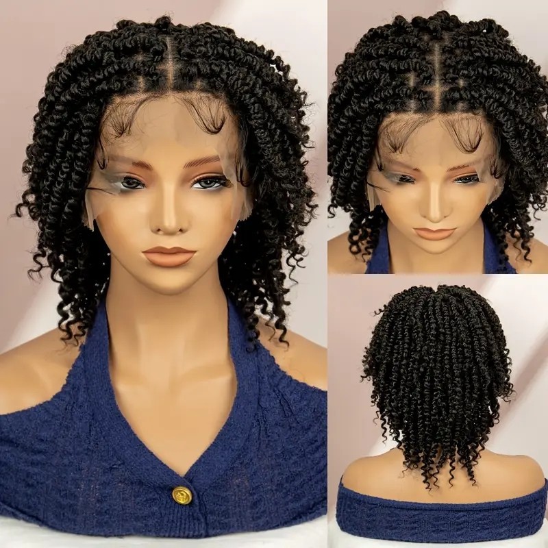 10 Inch Braids Wig Omber Blonde Look Like Human Bohemian Boho Wigs Braided Full Lace Front Wig Short Twist Braids Wig with Baby Hair Handmade Kinky Cu