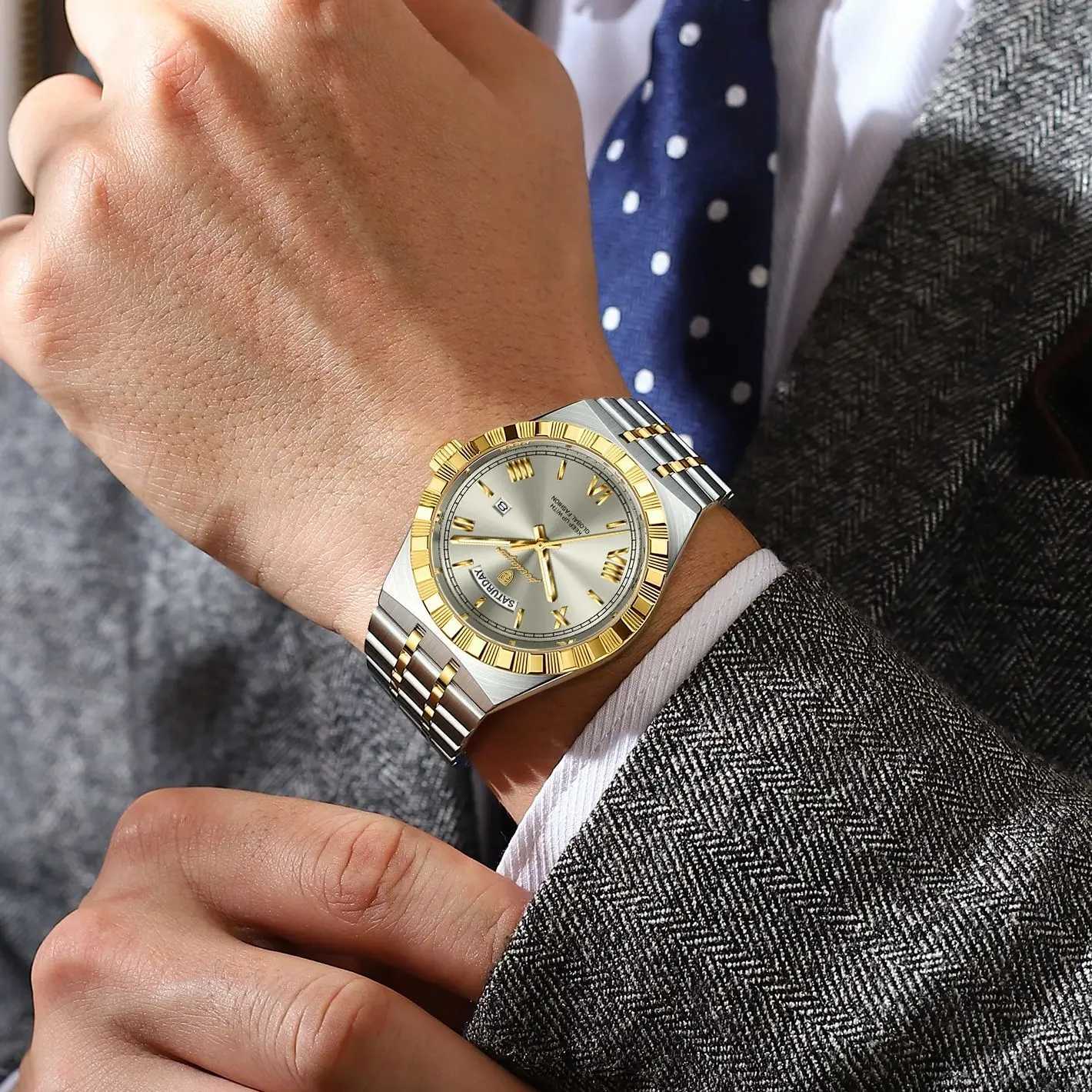 POEDAGAR Luxury Business Man Watch Week Date Waterproof Luminous Watches For Men Stainless Steel Quartz Mens Fashion Wristwatch W250724