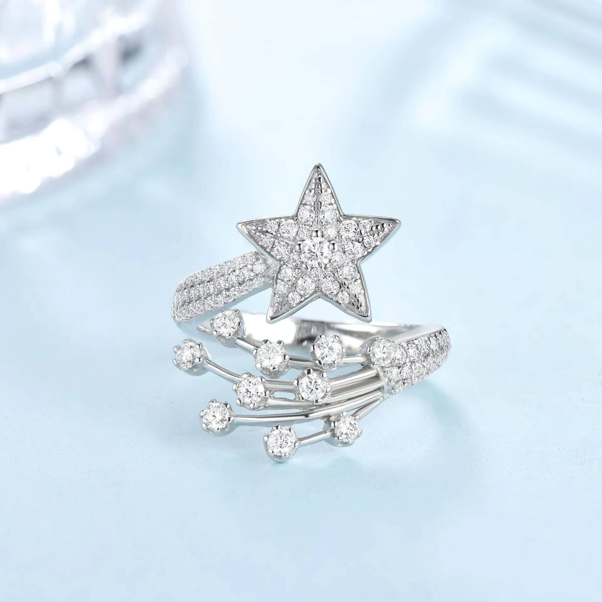 Fashion Designer Jewelry Shooting Star Ring S925 Sterling Silver Full Diamond Moissanite Five-pointed Star Open Ring for Women