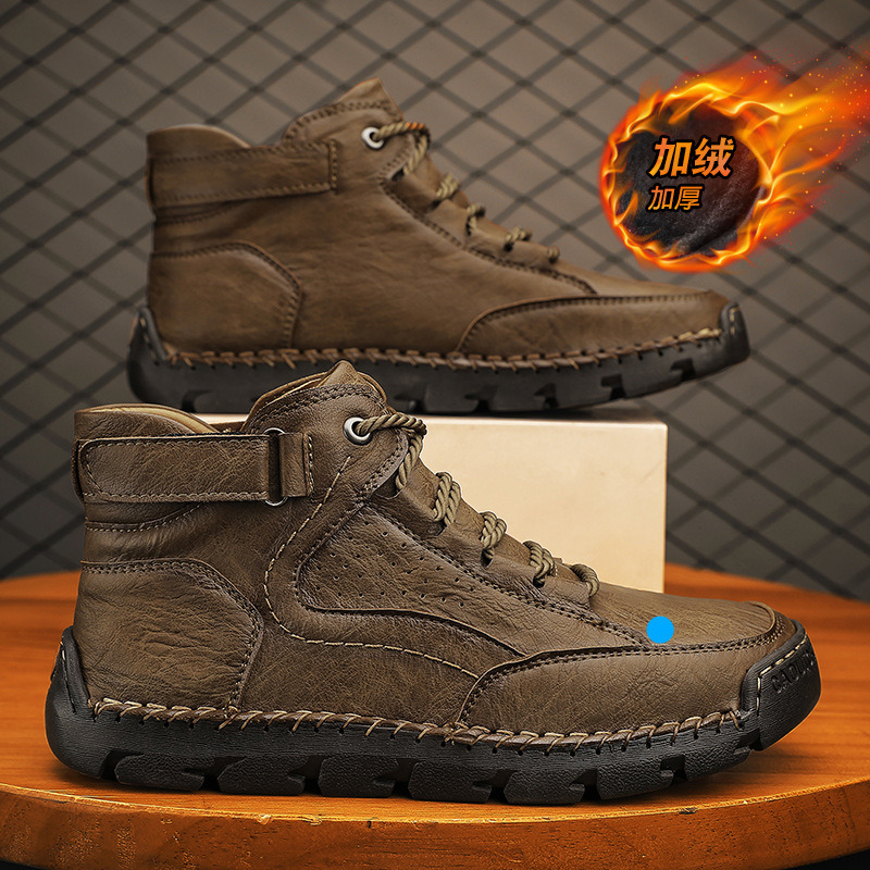 Plus Size Leather Men's Fashion Hand-stitched Ankle Boots Flat Lace-up Casual Shoes