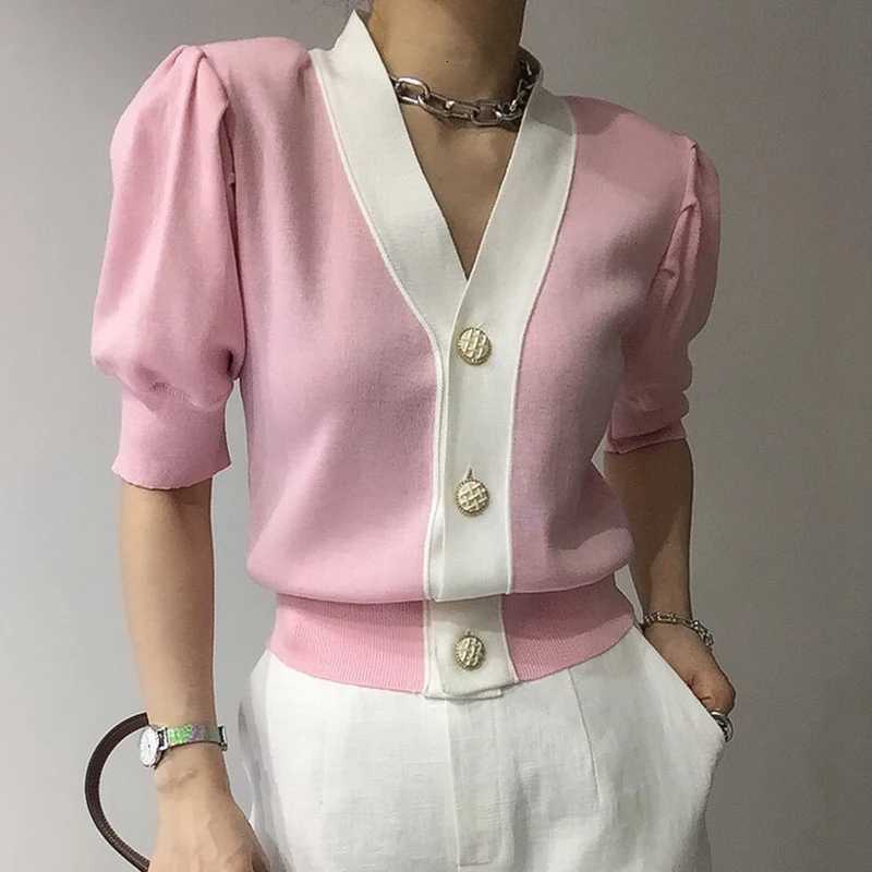 Summer Elegant Puff Short Sleeve Cardigan Office Lady 2023 Korean Contrast Single Breasted V-Neck Casual All-Match Knitted Tops X250724