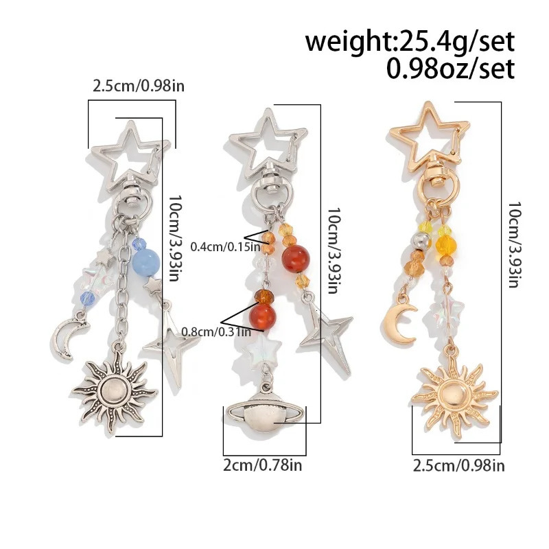 3Pcs/set Punk Stars Moon Sun Pendant Bag Keychain for Women Men Boho Colorful Beads Key Ring Bag Chain Y2K Jewelry Gift 250722
