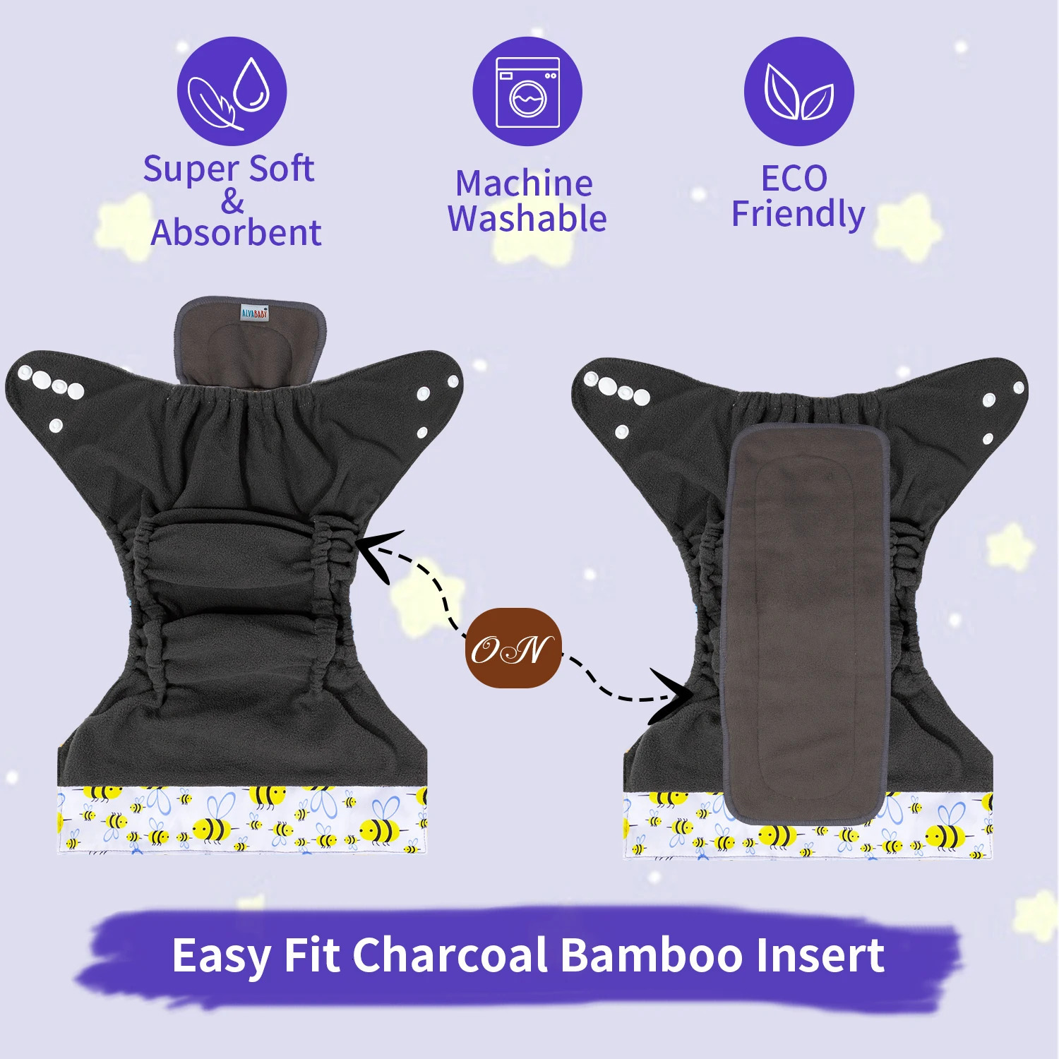 U Pick ALVABABY Bamboo Charcoal Cloth Diaper with Double Gussets and Tummy Panel Each 1pc 4layer Blend Insert 250724