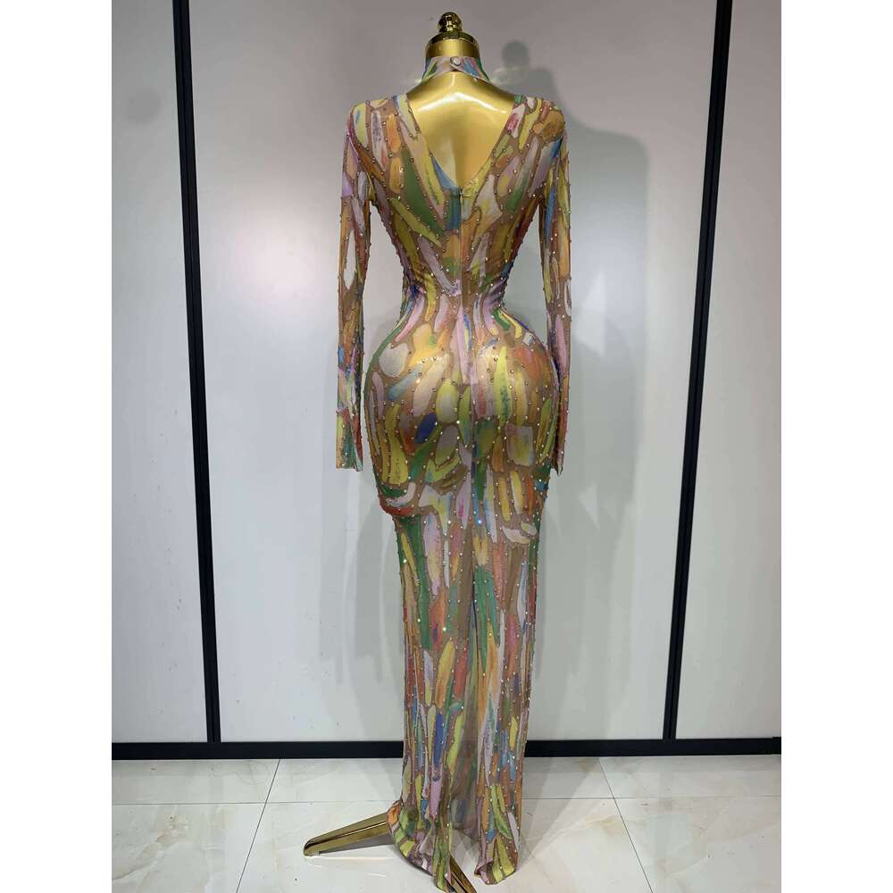 Designer Niche Shiny Rhinestone Stretch Mesh Perspective Ladies Show Dancer Dress Party Nightclub Stage Costume