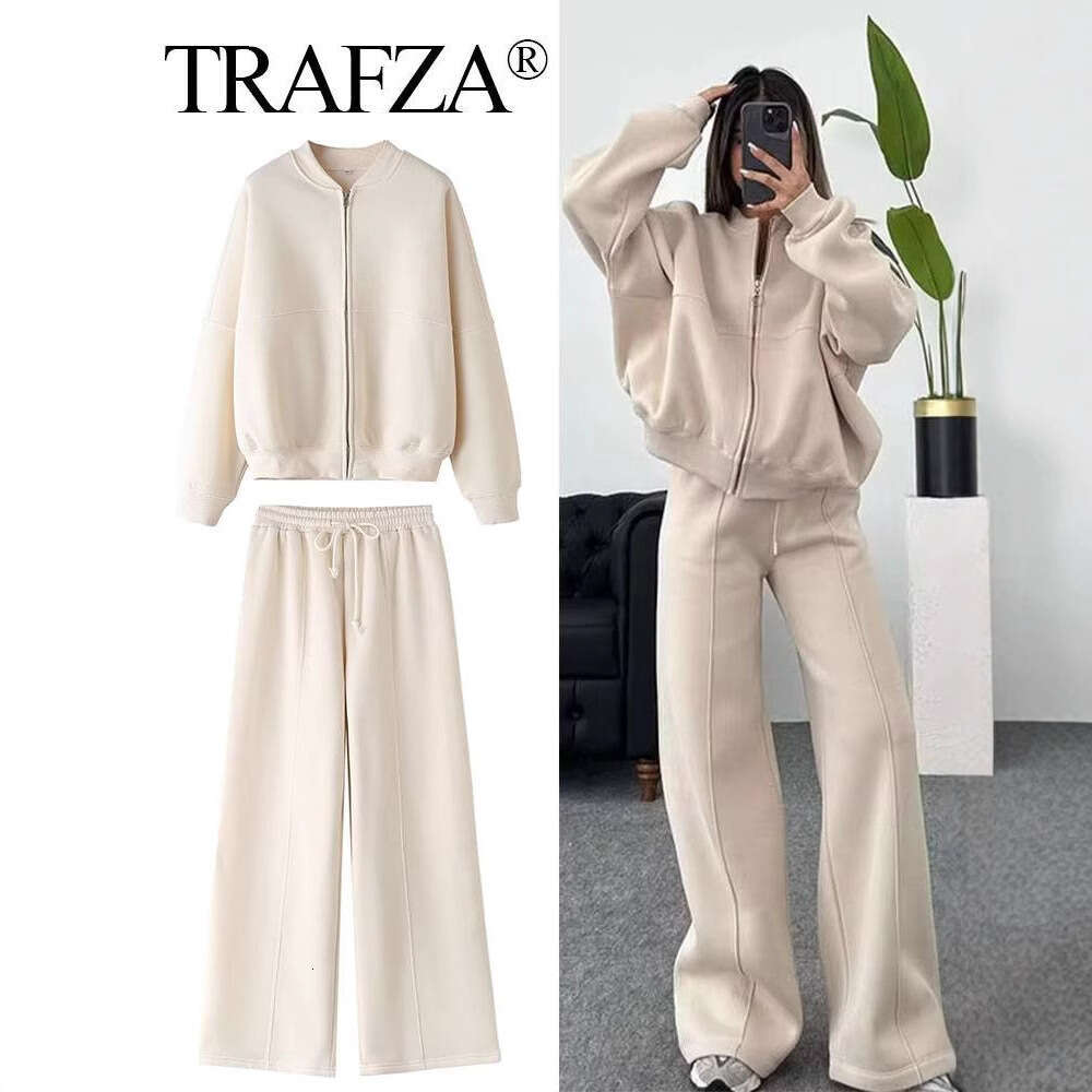 TRAFZA Women's INS Zipper Bomber Jacket Sweatshirt Elastic Waist Pants Set B5
