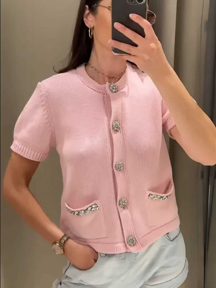 Womens Autumn Casual Knitted Cardigan Single Breasted Round Neck Pocket Cardigan Half Sleeve Womens Sweater X250724