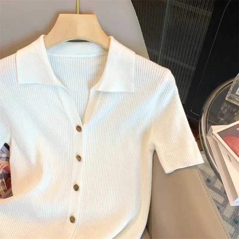 2025 Korean Summer Thin Cardigan Short Sleeve T-Shirt Casual Single Breasted Knitted Polo-neck Shirt for Women X250724