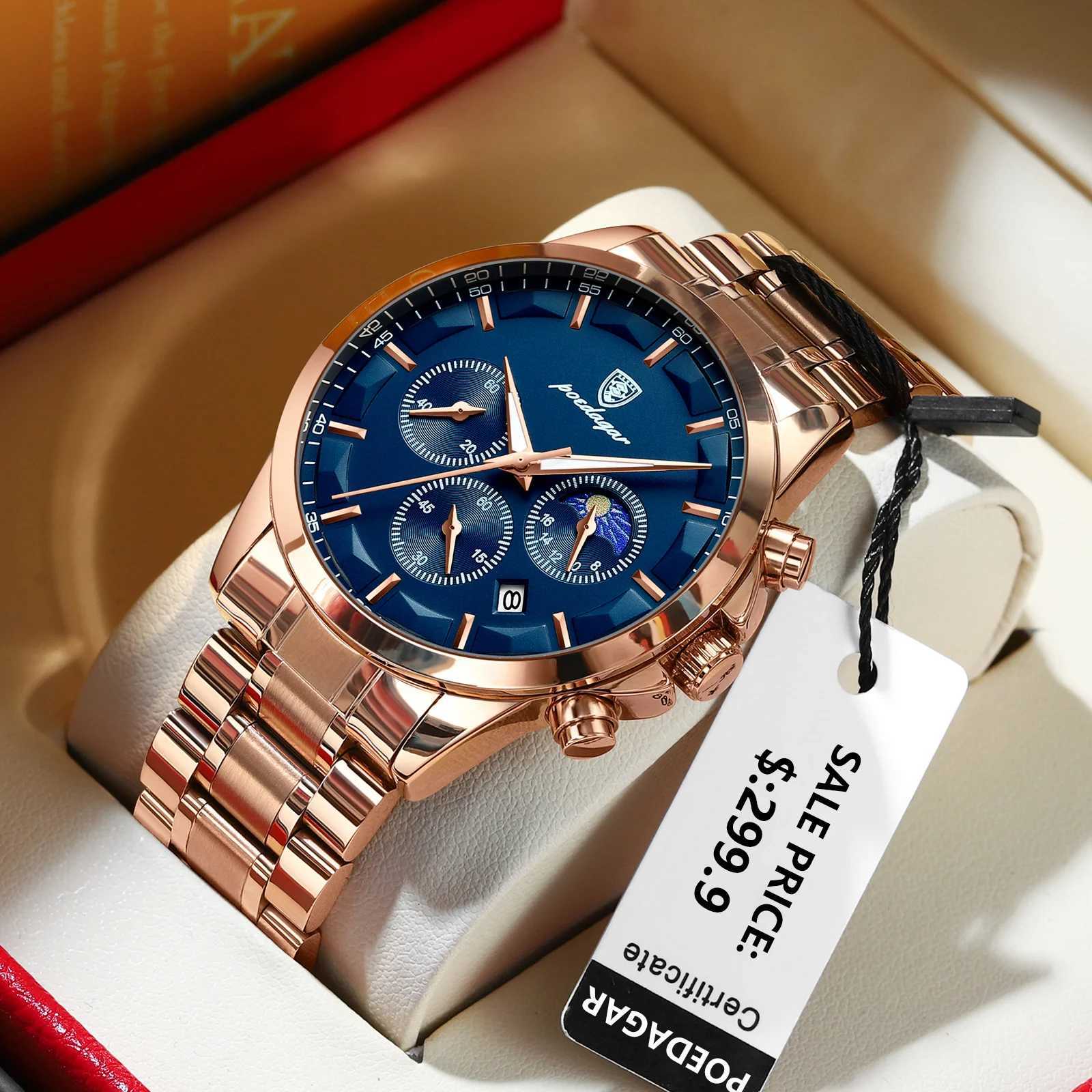 POEDAGAR Luxury Mens Wristwatch Military Waterproof Luminous Chronograph Mens Watch Stainless Steel Mens Quartz Watches + Box Reloj W250724