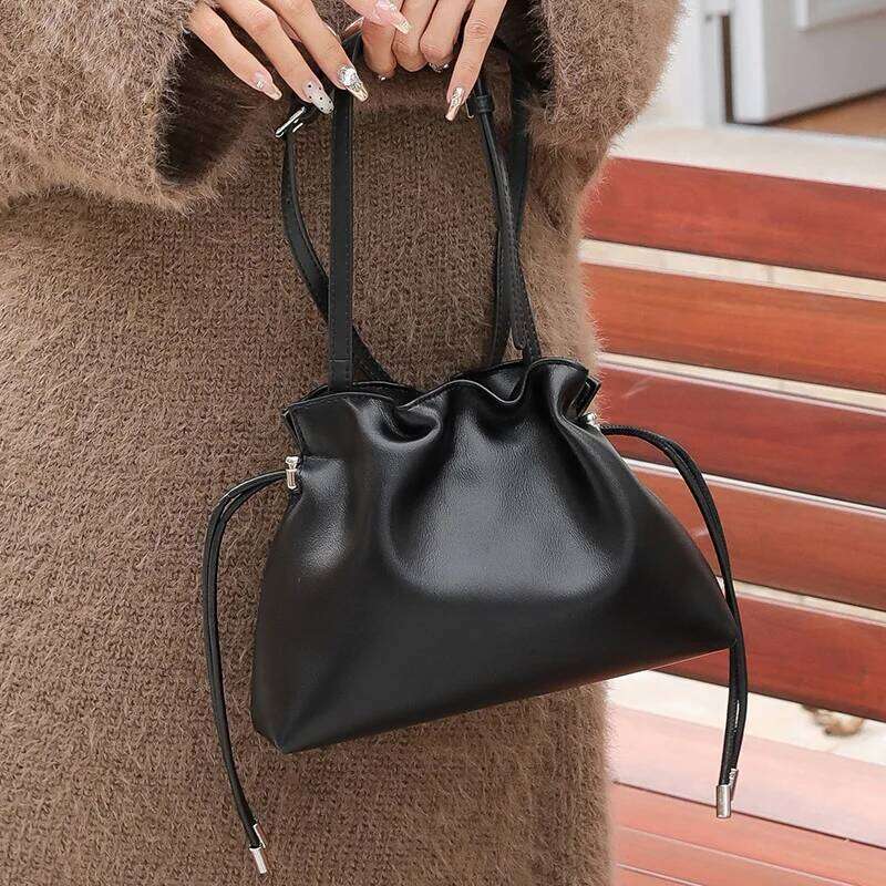 Pleated Cloud Crossbody - Premium Genuine Leather Drawstring Shoulder Purse, Versatile Small Bag for Elegant Lady