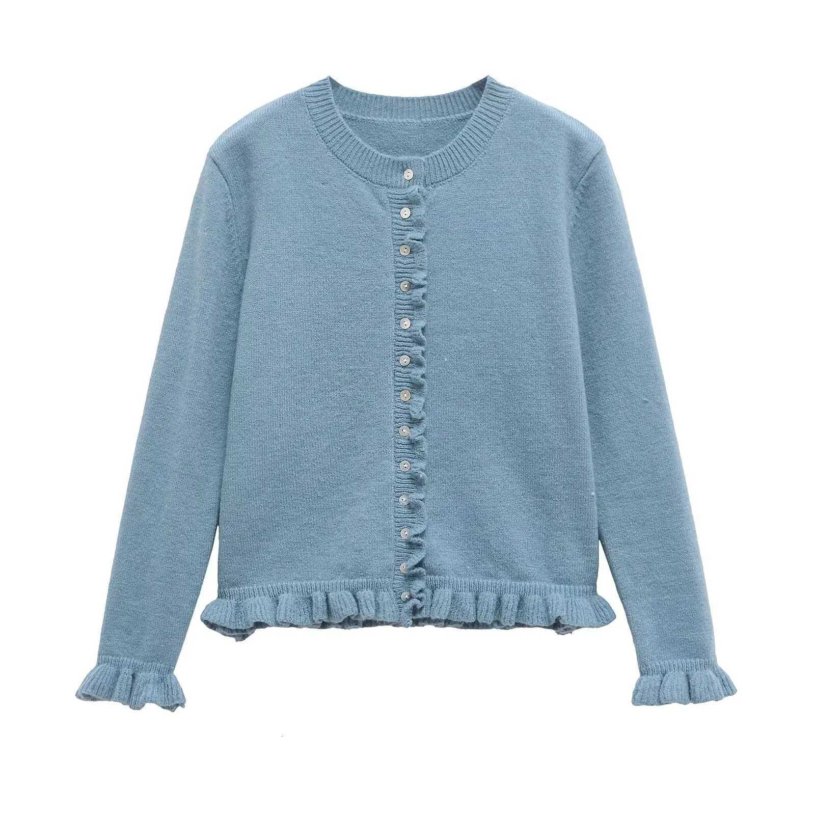 2025 Womens Long-Sleeved Knit Cardigan Round Neck Ruffled Trim Button Front Design Soft Comfortable Fabric X250724