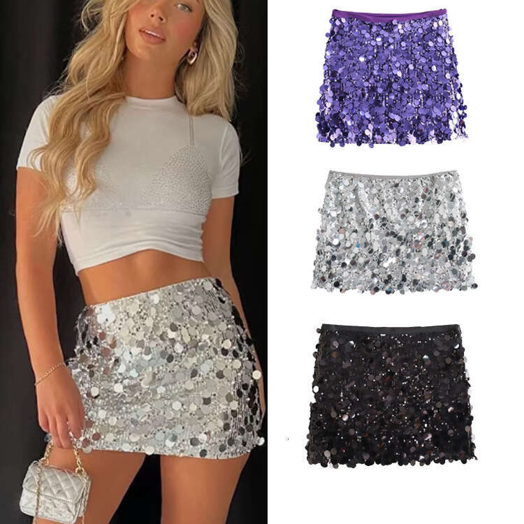 TRAFZA Winter New Style Sexy A-Line High Waist Bodycon Sequin Mini Skirt For Women B5