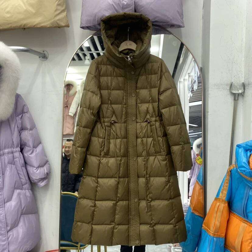 Lagabogy 2025 New Winter Women White Duck Down Jacket Slim Puffer Overcoat Long Pocket Coat Female Hooded Thick Warm Parkas