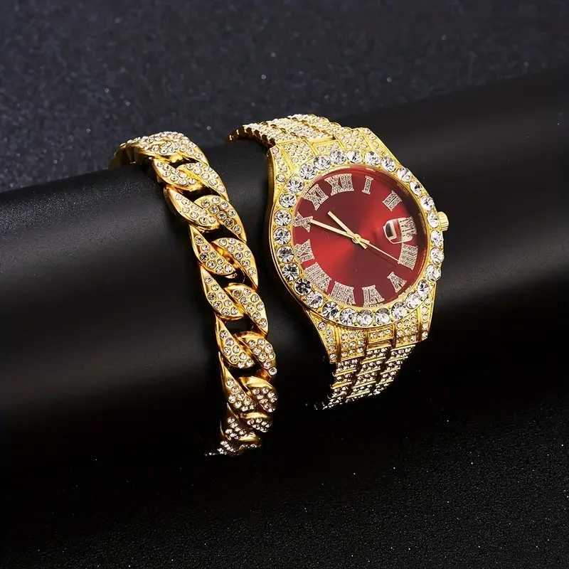 3PCS luxury alloy full diamond rhinestone mirror mens quartz watch with calendar and Hip Hop Cuban Necklace bracelet set W250724