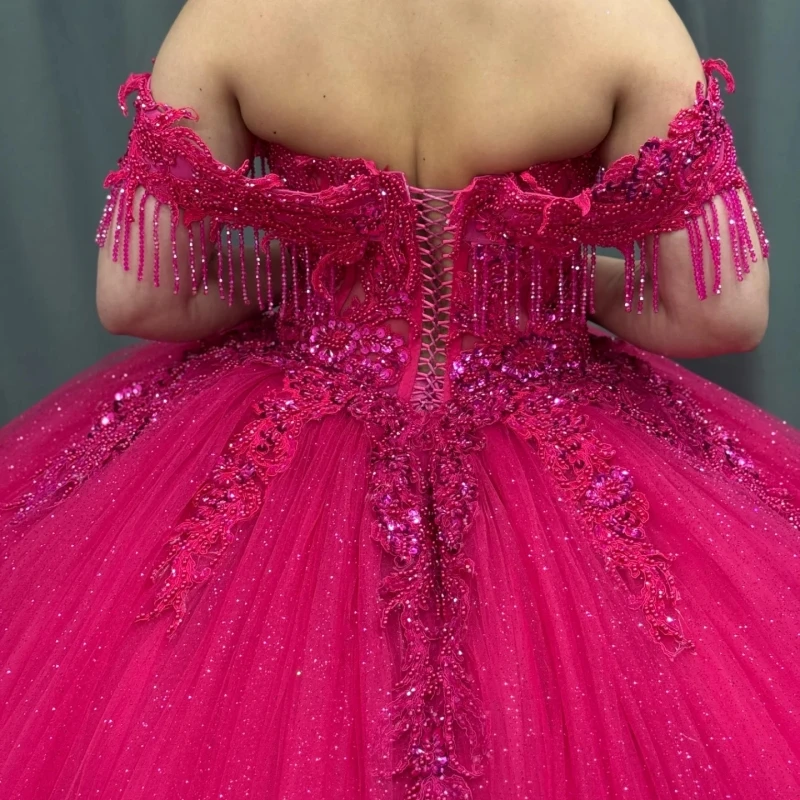 Rose Red Shiny Quinceanera Dresses Off Shoulder Ball Gown Sweet 16 Dress Applique Beading Tiered Tull Birthday Party Vestidos De 15 Anos
