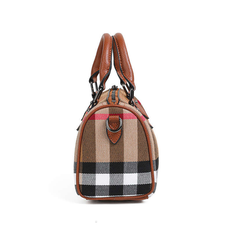 Canvas Plaid Genuine Leather Boston Pillow High-End Fashion Versatile Handbag Stylish Single Shoulder Crossbody Women's Bag