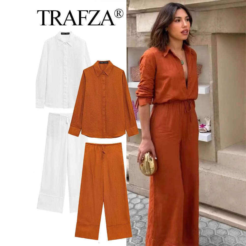 TRAFZA Spring New Shirt Long Sleeve Solid Color Casual Loose Wide-Leg Pants Set B5