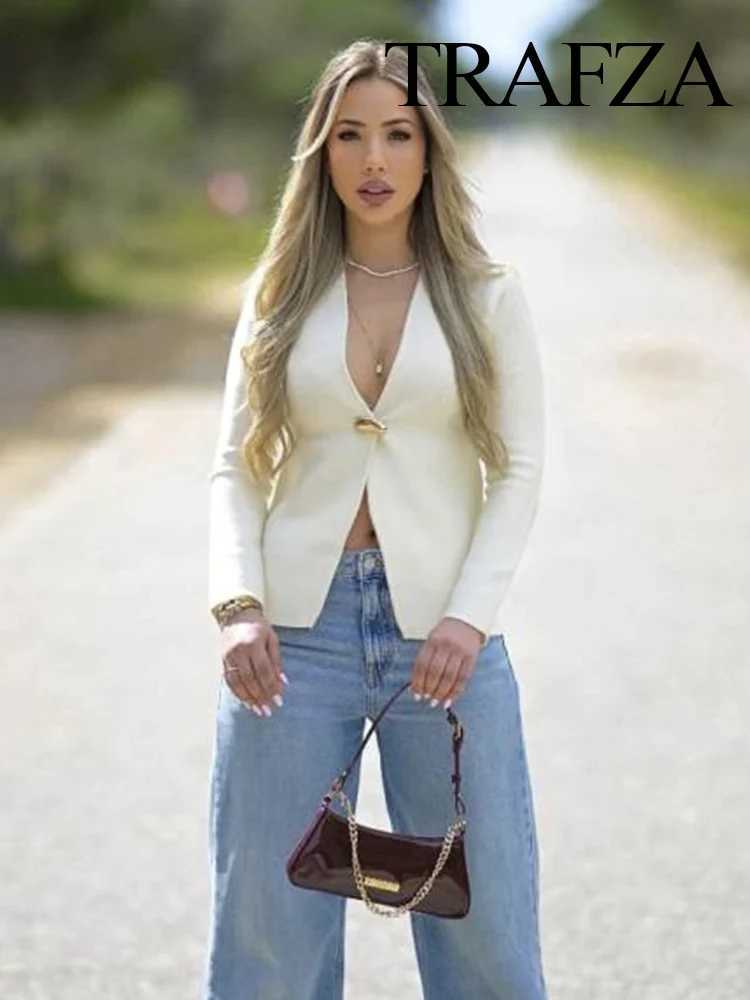 TRAFZA Womens Fashion Solid V-Neck Elegant Slim Long Sleeve Cardigans Top Female Elegant Golden One Button Casual Knitted Coat X250724