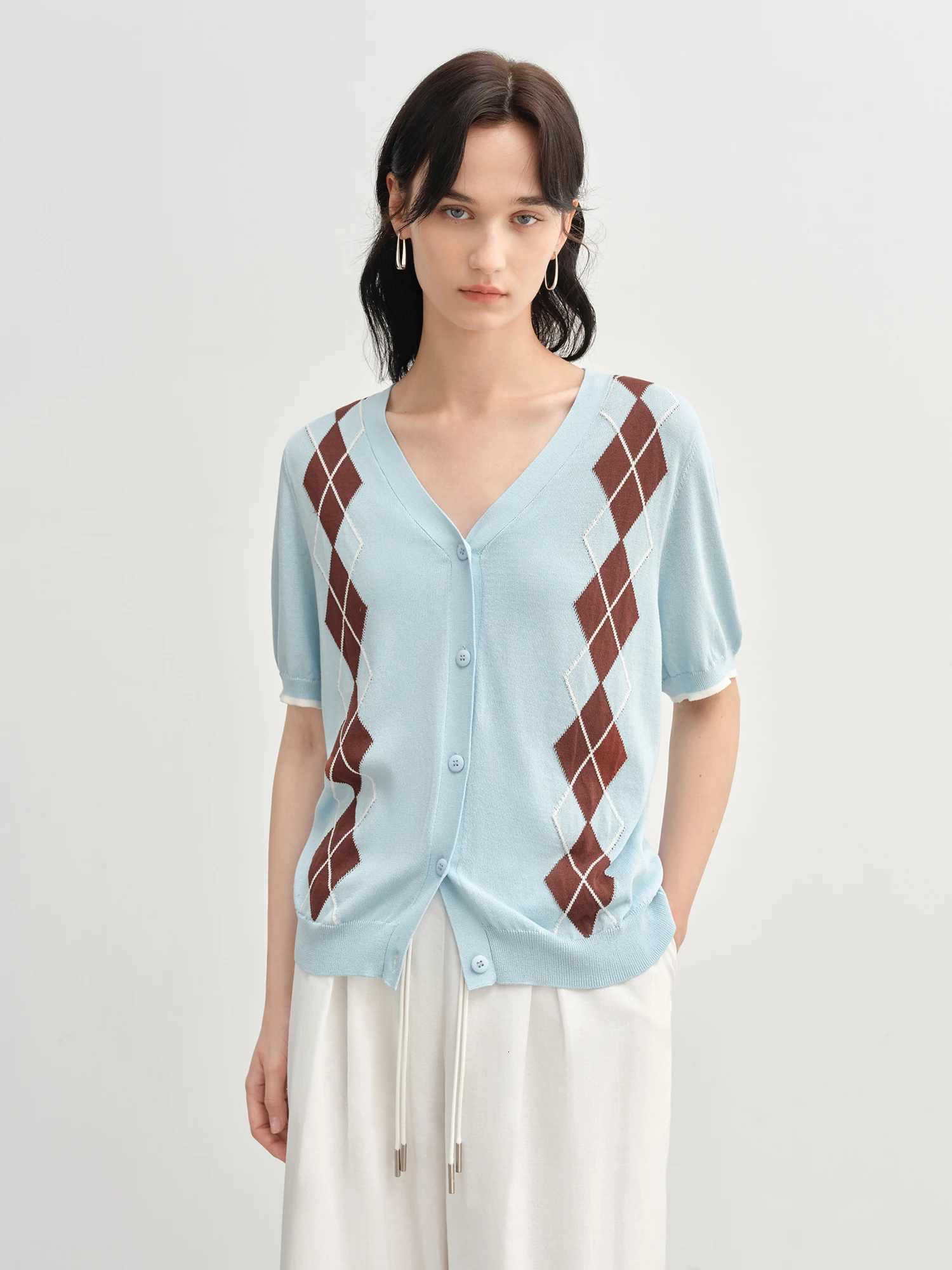 2025 Summer Womens Diamond Knit Cardigan - Fresh Preppy-Inspired Color Blocking Quick Comfort Short Sleeve X250724