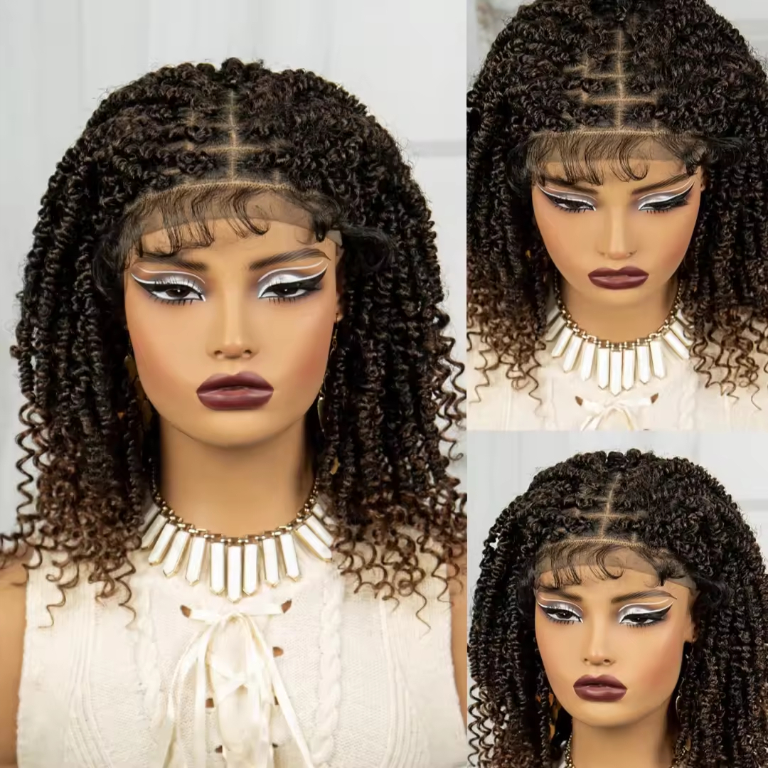 10 Inch Braids Wig Omber Blonde Look Like Human Bohemian Boho Wigs Braided Full Lace Front Wig Short Twist Braids Wig with Baby Hair Handmade Kinky Cu