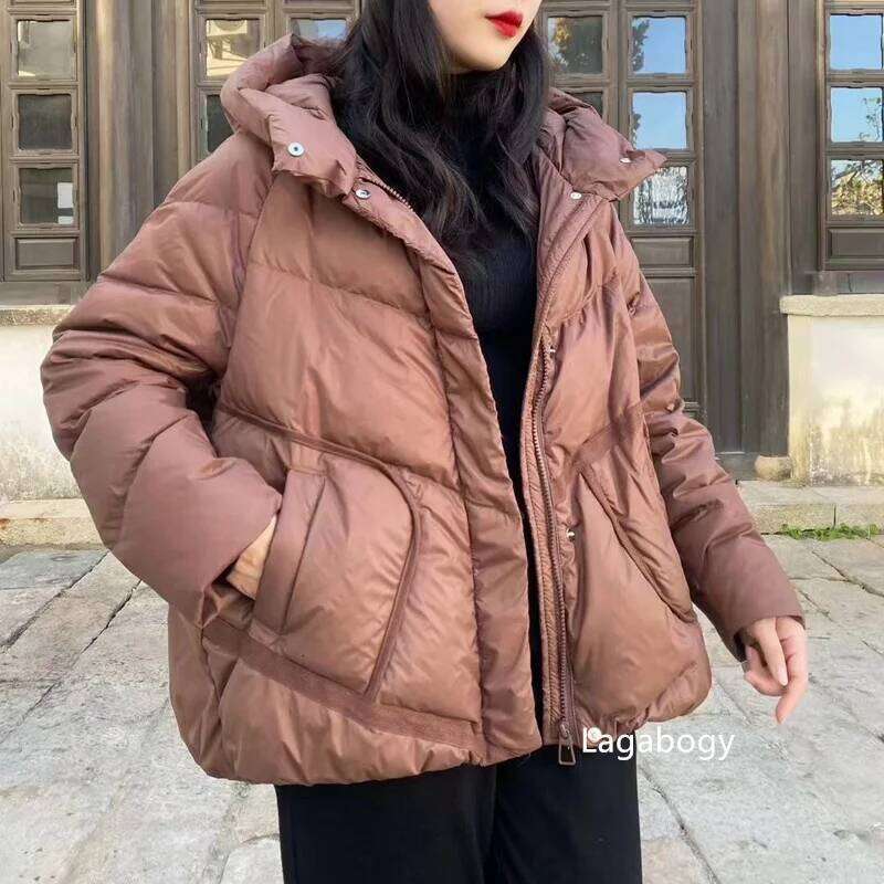 Lagabogy 2025 Hooded Puffer Jacket Women Winter Thickened White Duck Down Warm Bread Coat Female Loose Versatile Casual Outwear