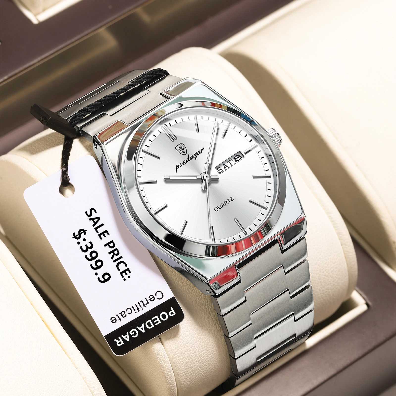 POEDAGAR Luxury Business Mens Wristwatch Waterproof Luminous Stainless Steel Mens Watch Date Week Fashion Quartz Mens Watches + Box W250724