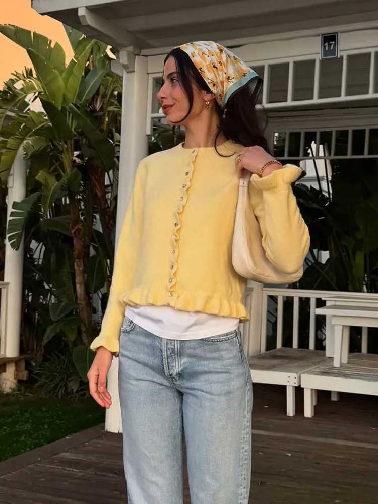 TRAFZA Women Casual Yellow Knitted Cardigan Single Breasted O Neck Butterfly Sleeve Sweater Autumn Female Solid Outerwear Tops X250724