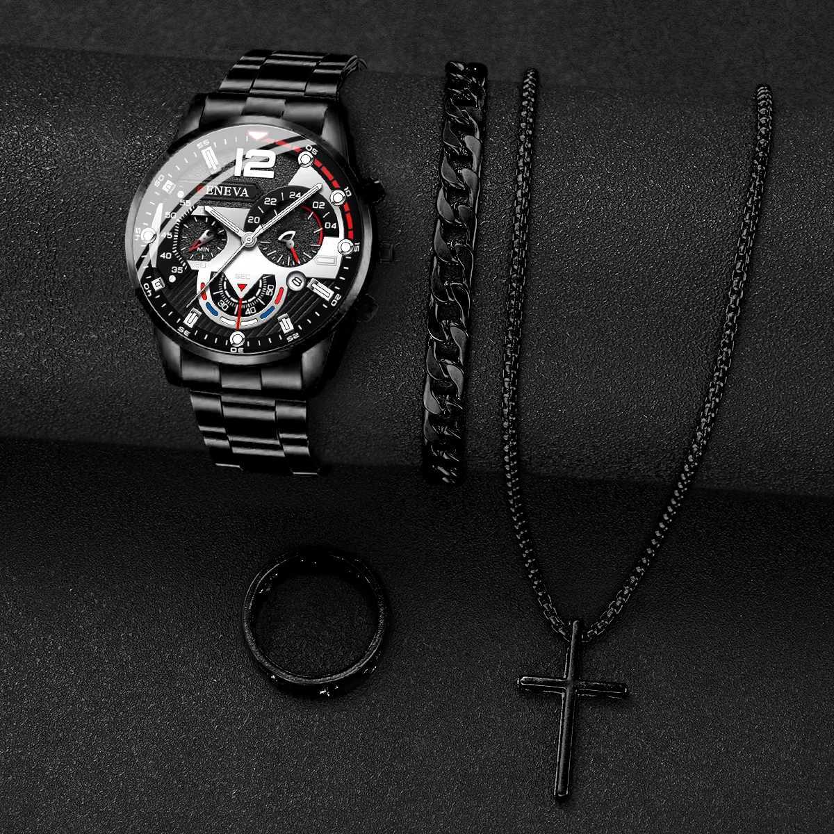4PCS/Set Fashion Men Watches Black Steel Band Men Business Quartz Watch Jewelry Set (Without Box) W250724