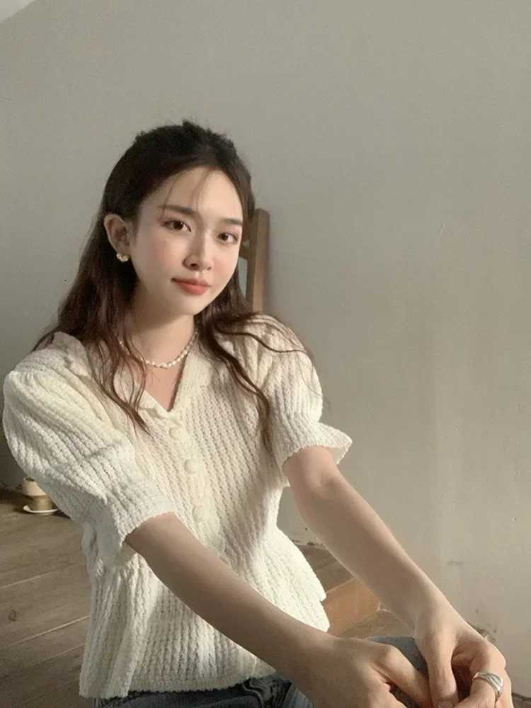Woherb Knitted Turn Down Collar Cardigan Womens Y2k Short Sleeve Sweater Pull Femme 2025 Womens Fashion Korean Solid Tops X250724