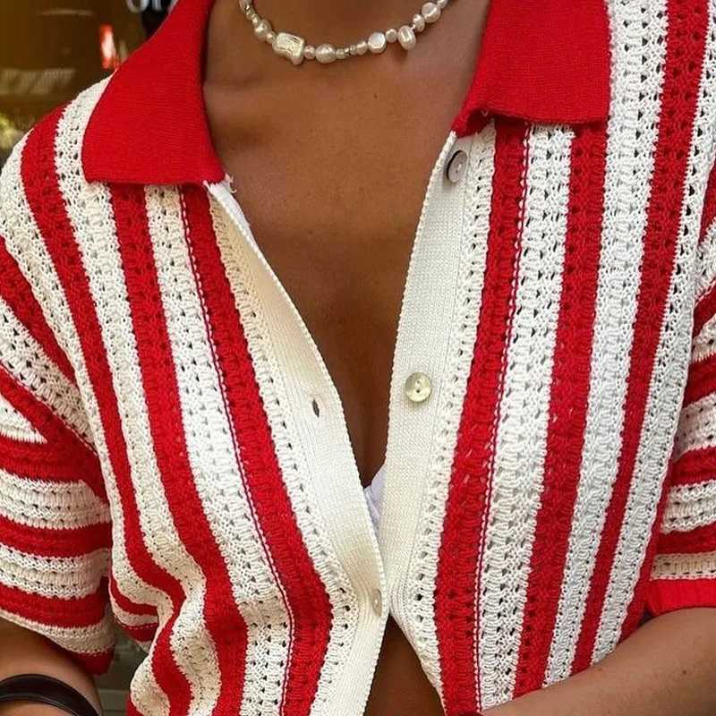 Elegant Lapel Short Sleeve Loose Shirts Casual Single Breasted Hollow Tops Early Autumn New Stripe Contrast Color Knit Cardigans X250724