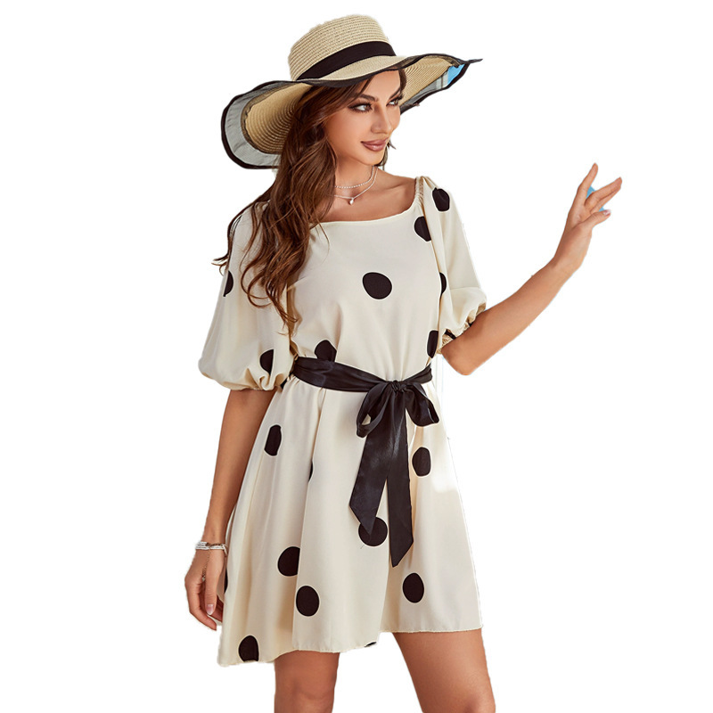 D723Foreign trade women's spring and summer elegant bohemian style printed polka dot dress in stock