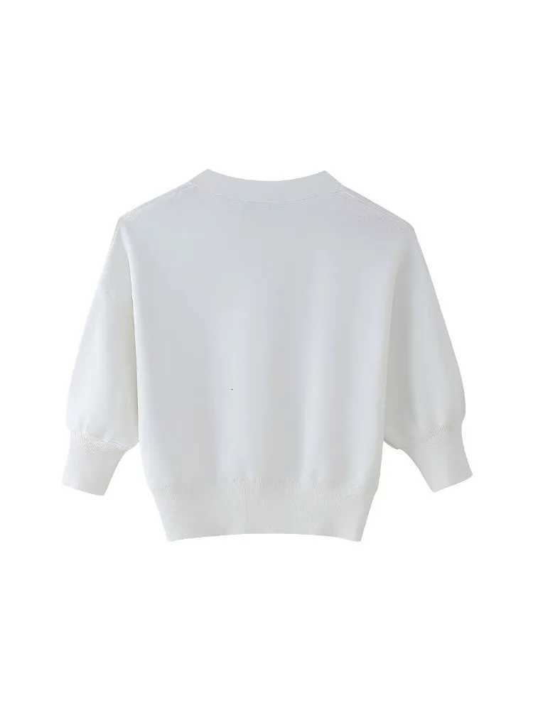 2024 Summer Women Short Sleeve Clothing Solid Shirt V-neck Knitted Sweater Top All-match Crop Top Casual Cardigan Sweater X250724