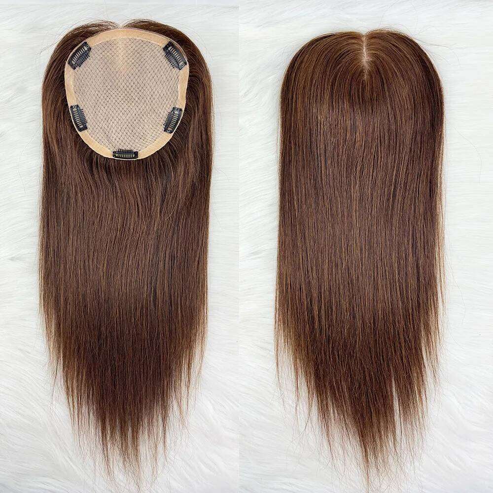 Breathable Base Human Topper for Women Natural Scalp Silk Top Hand Tied Straight Remy Hair Piece with Clips in