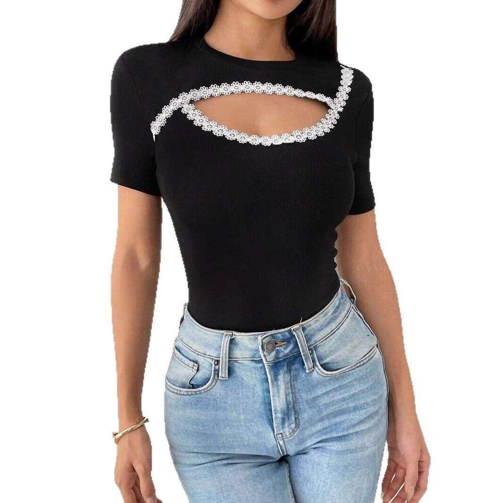 sxzy 2025 summer new solid color decorative patch round neck short sleeve fashion tshirt top for women