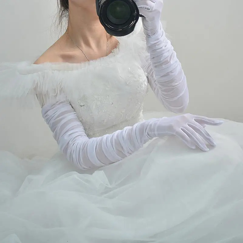 Black silk white silk gloves with extra long high elastic lace mesh translucent perspective black wedding dress touch screen 250722