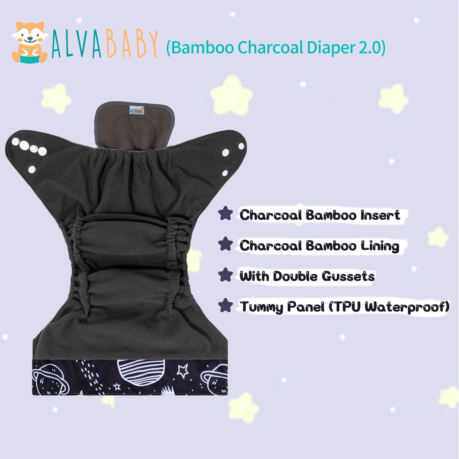 U Pick ALVABABY Bamboo Charcoal Cloth Diaper with Double Gussets and Tummy Panel Each 1pc 4layer Blend Insert 250724