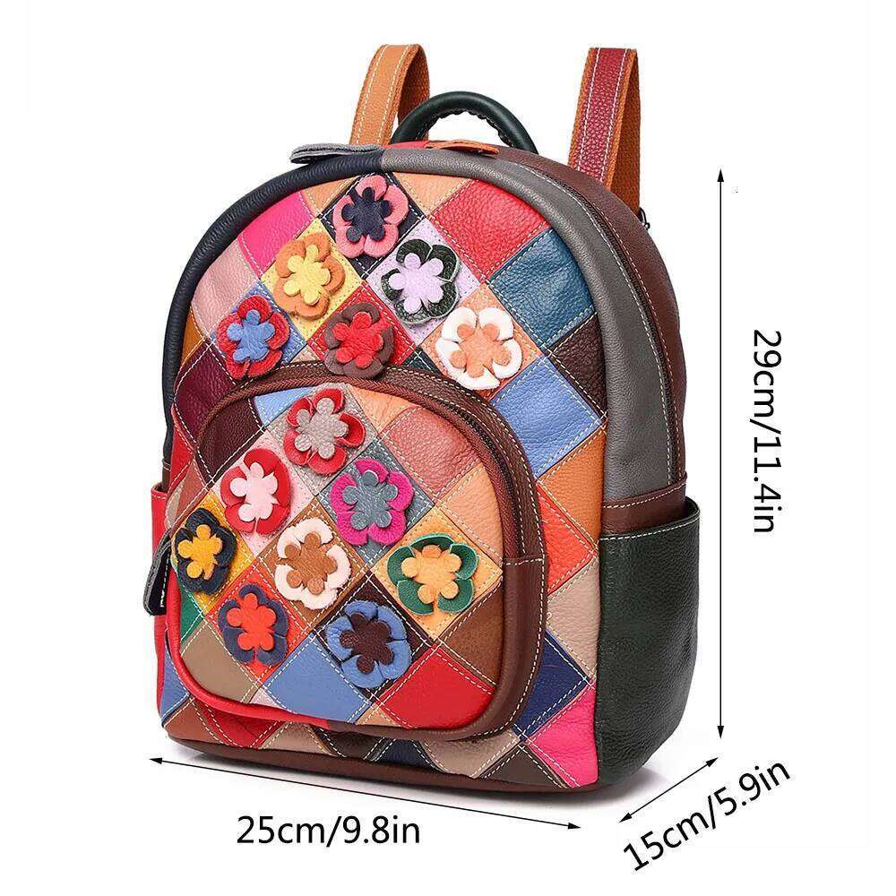 Genuine Leather Fashion Backpack Cowhide Colorful Design Model Handmade Flower Splicing Color Collision College Ladies Schoolbag