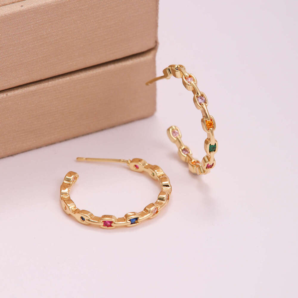 French Fashion C-Shaped Full for Women, Colorful Dia INS Style Micro Pave Zirconia Luxurious Simple Hoop Earrings with Real Gold Plating