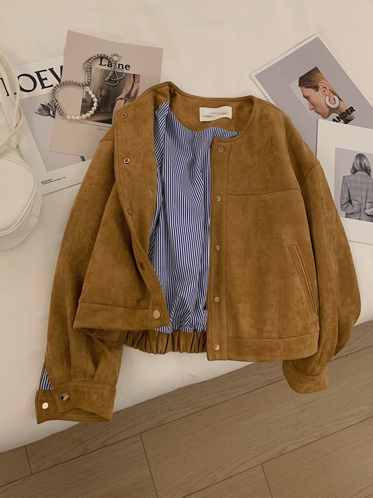 Vintage Suede Women's jacket Loose Short Coat O Neck Casual Jacket For Women autumn outwear korean Woman clothing ddmymarket