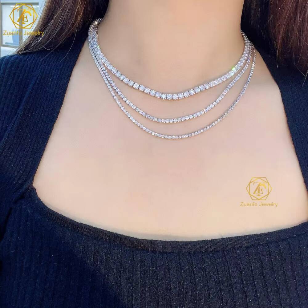Hot Sell LAB Diamond Tennis Chain 3mm 4mm Necklace 14K Gold Solid White Gold Full Diamond LAB Grown Women Necklace Fine Jewelry