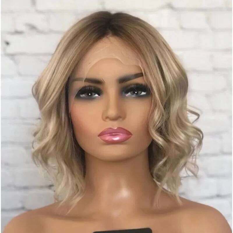 Ombre Blonde Women Short Wavy Bob wigs 12 inch Synthetic Curly Middle Part Heat Resistant Fiber for Daily Party Wig