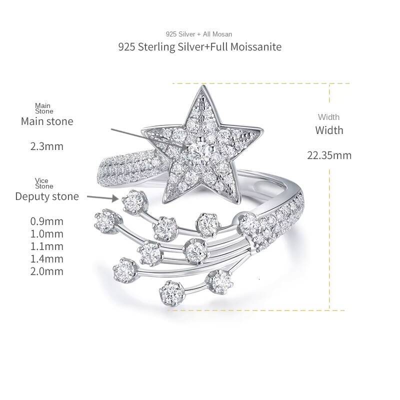 Fashion Designer Jewelry Shooting Star Ring S925 Sterling Silver Full Diamond Moissanite Five-pointed Star Open Ring for Women