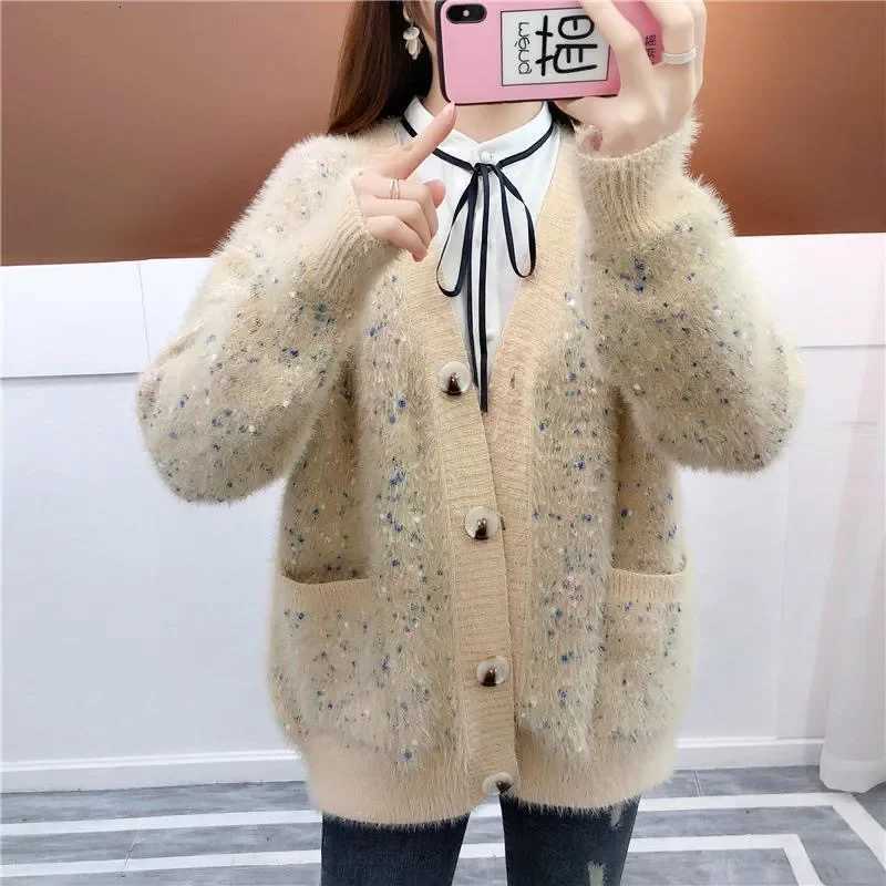 2025 Autumn And Winter New Imitation Mink Knitted Cardigan Women Korean V-Neck Long Sleeve Pockets Loose Knitwear Sweater W725 X250724