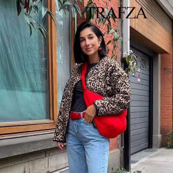 TRAFZA Autumn New Women's Animal Print Leopard Long Sleeve Cotton Jacket Coat B5