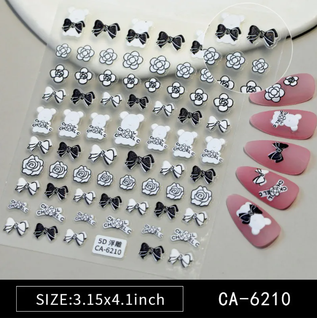 Little Fragrant Bow Nail Art Sticker 5D Relief Light Luxury Black And White Teddy Stamp Nail Sticker Jewelry CA Model