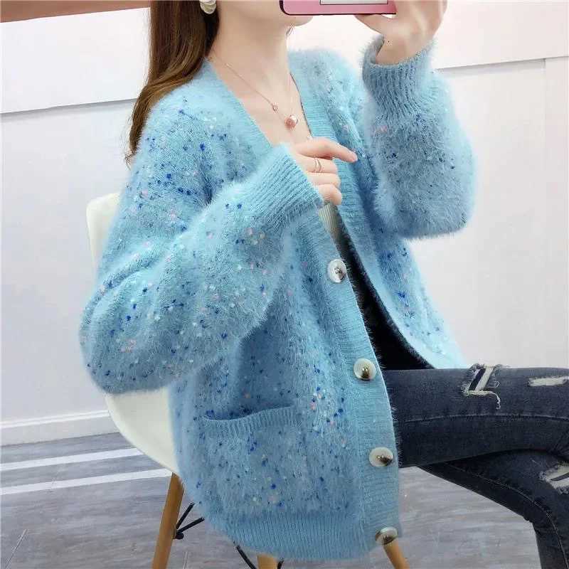 2025 Autumn And Winter New Imitation Mink Knitted Cardigan Women Korean V-Neck Long Sleeve Pockets Loose Knitwear Sweater W725 X250724