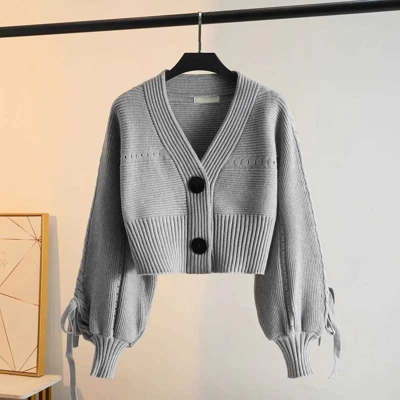 Fashion Drawstring Long Sleeve Knit Cardigans Women Autumn V Neck Cropped Sweater Cardigan Woman Korean Solid Wild Cardigan Lady X250724