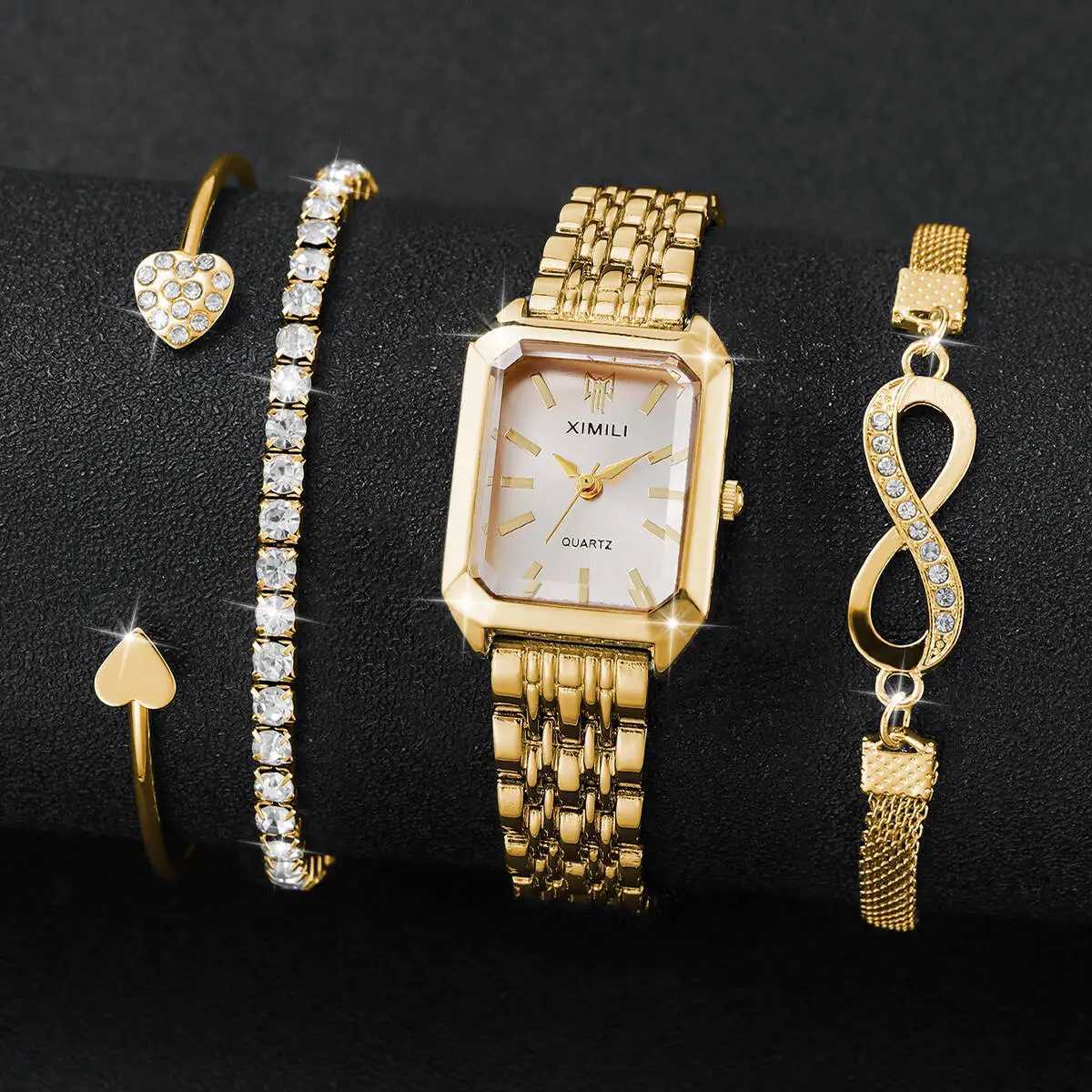 4PCS Fashion Rectangle Women Watches Luxury Stainless Steel Band Ladies Quartz Watch Rhinestone Bracelets Set Womens Watch W250724